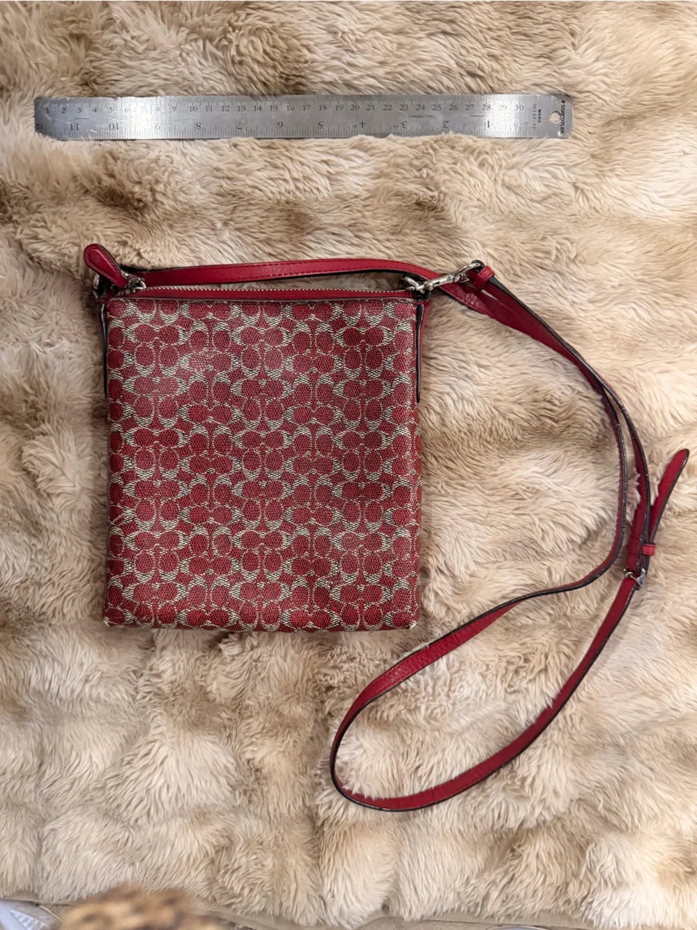 Coach Red Signature Crossbody with Silver Logo Plaque
